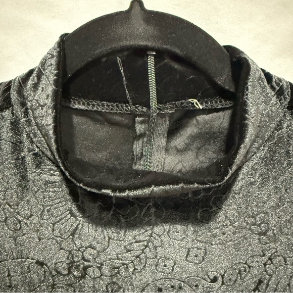 Black Velvet Burnout L/XL Paisley Mini Dress Mock Neck Short Sleeve Bodycon Y2K - Picture 7 of 15